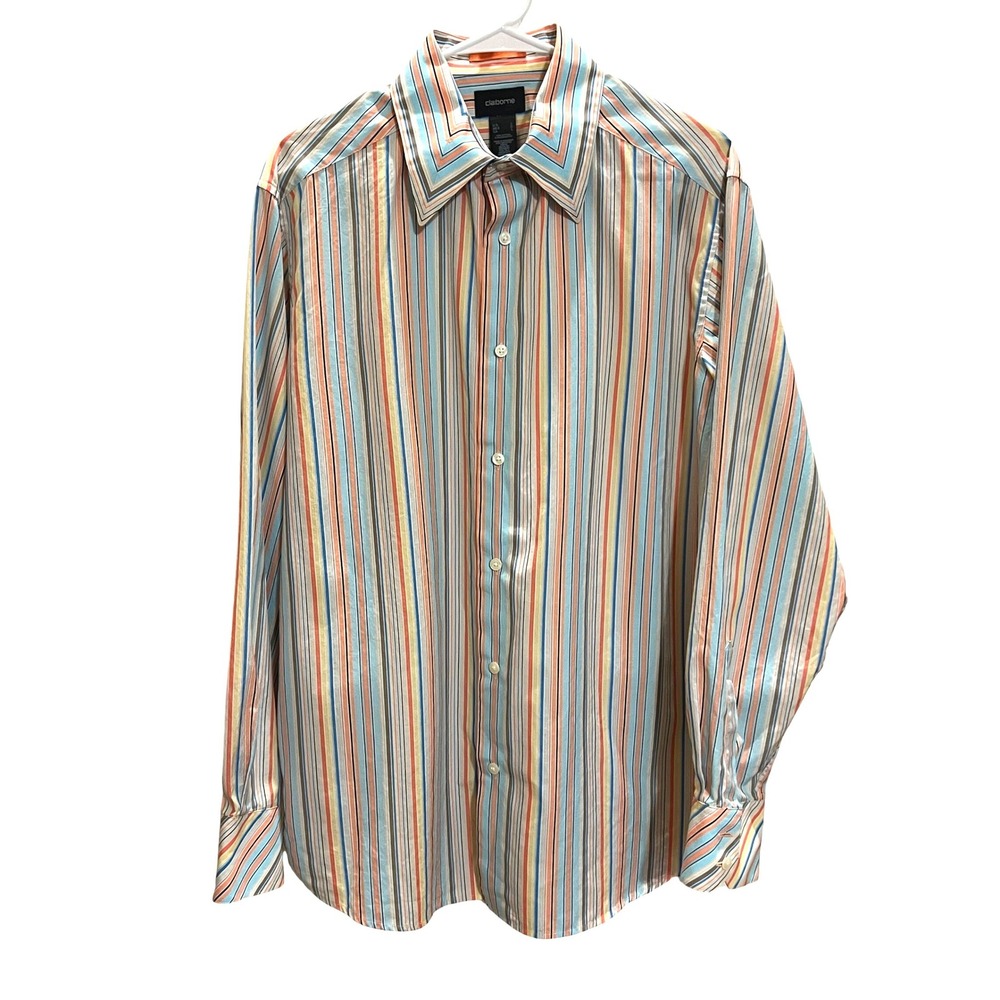 Claiborne Mens Large Striped Button Down Shirt Long Sleeve Multi Color Cotton